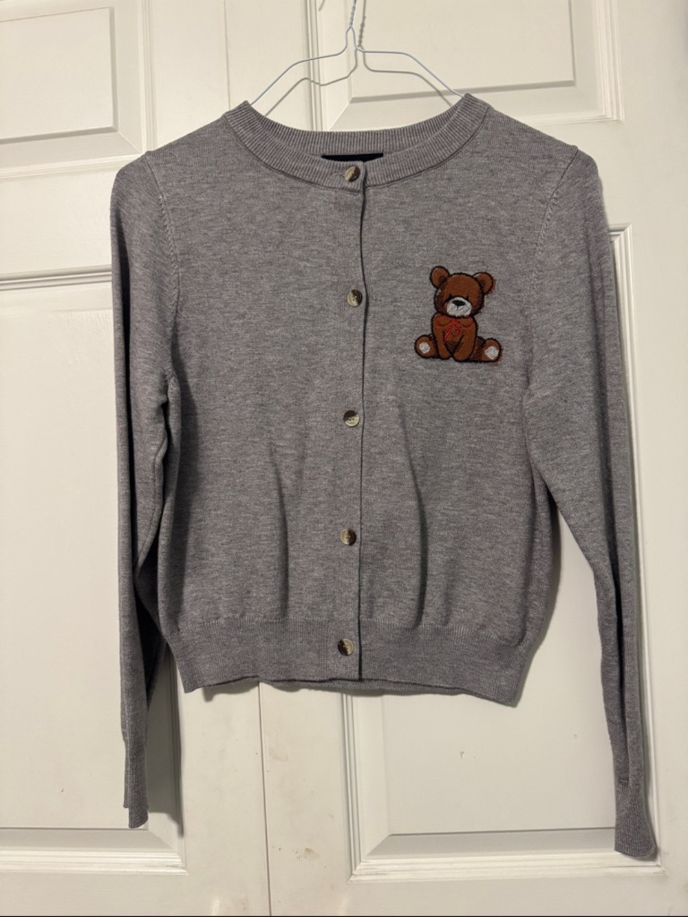 Arden B. Gray Knit Cardigan with Embroidered Teddy S